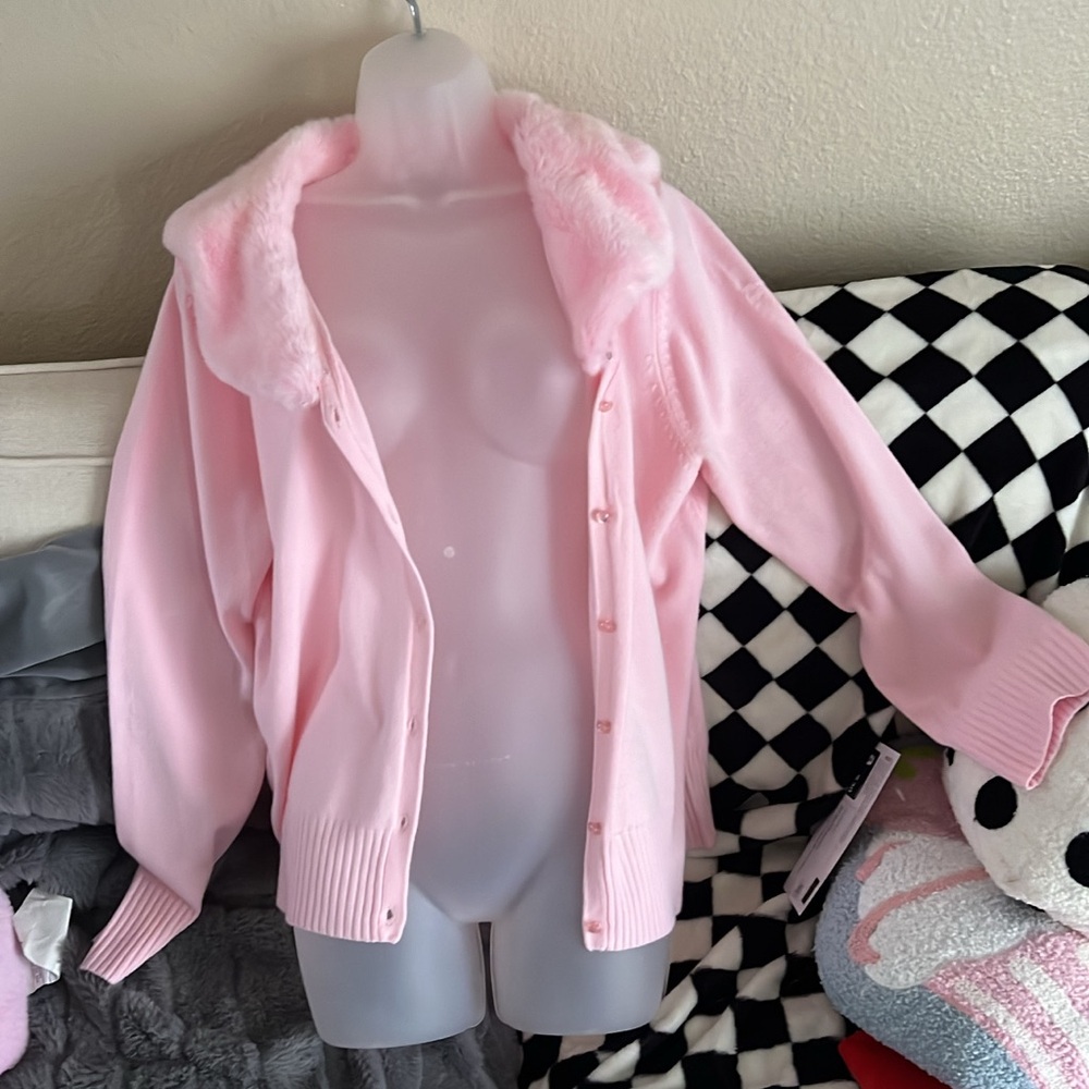 Y2K Baby Pink Faux Fur Collar Cardigan Soft Girl Winter Princess Sweater